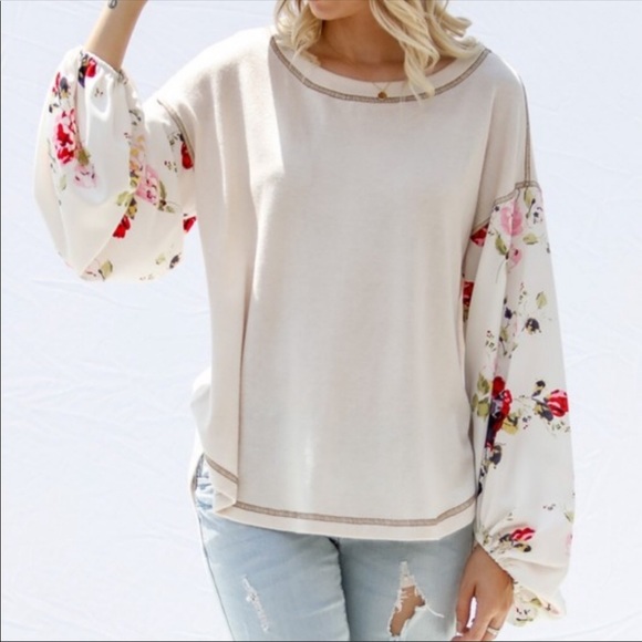 Tops - Long sleeve top w/floral sleeve design